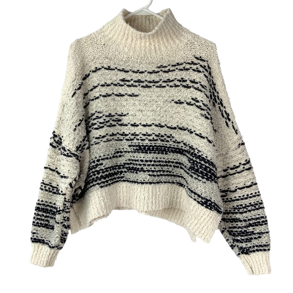 Anthropologie Pilcro Ivory Black Striped Sweater S Pullover Mock Neck Long Slv